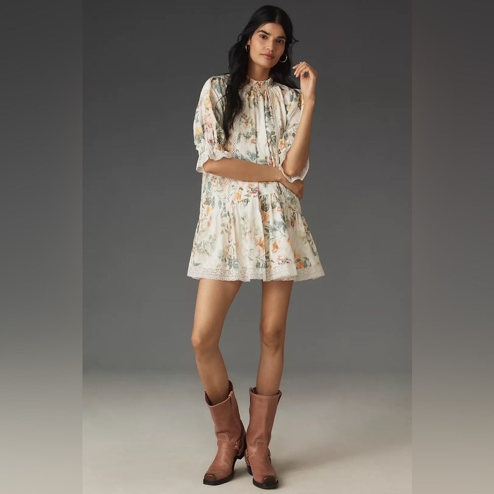Nwt Size S-Anthropologie Cotton Ruffle Mock-Neck Floral Mini Dress (Nwt Us$ 168)